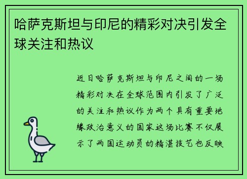 哈萨克斯坦与印尼的精彩对决引发全球关注和热议